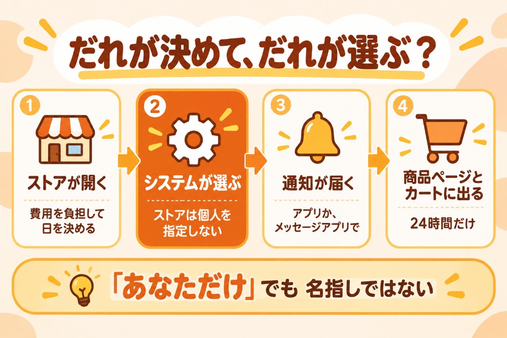 あなただけのタイムセールの仕組み(ストアが開催を決める、ヤフーショッピングのシステムが対象者を抽出する、通知が届く、商品ページとカートにセール価格が出る)