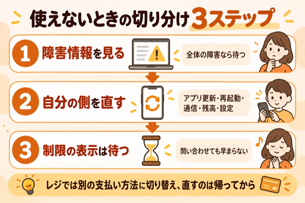 使えないときの切り分け3ステップ:障害情報→自分の側を直す→制限の表示は待つ