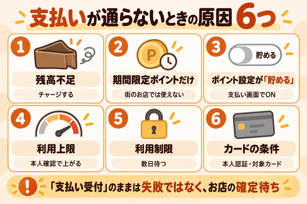 支払いが通らないときの原因6つ:残高不足・期間限定ポイント・ポイント設定・利用上限・利用制限・カードの条件