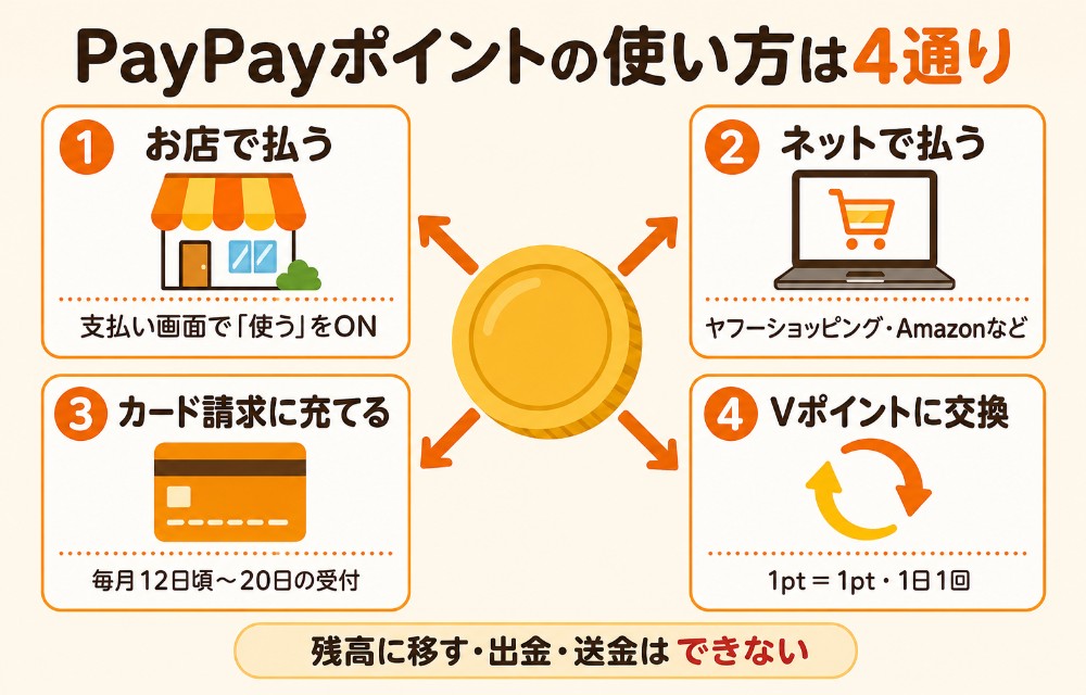 PayPayポイントの使い方4通り(お店で払う・ネットで払う・PayPayカードの請求に充てる・Vポイントに交換)
