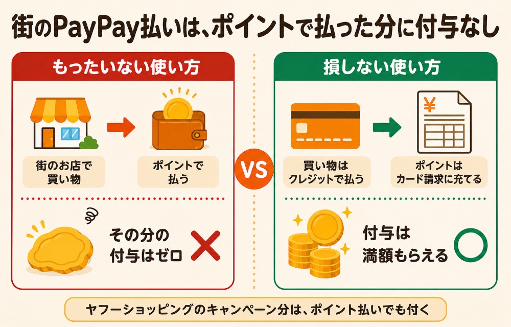 街のPayPay払いはポイントで払った分に付与なし。買い物はクレジットで払い、ポイントはカード請求に充てるのが正解