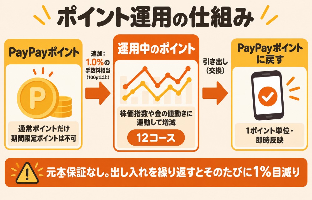 PayPayポイント運用の仕組み(PayPayポイント→追加時1%→運用中のポイントが参照資産に連動して増減→引き出しで即時PayPayポイントに戻る)