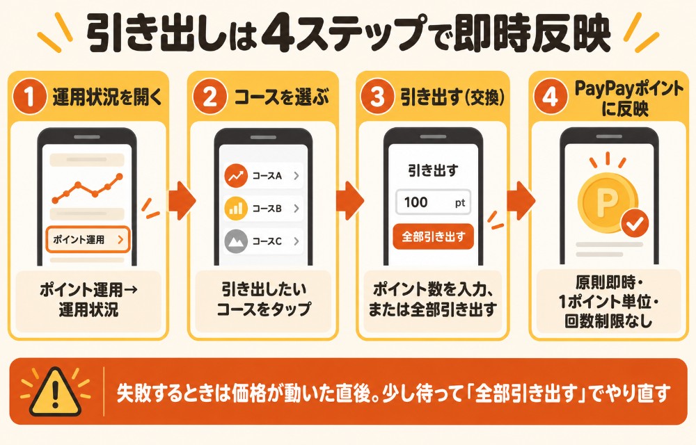 PayPayポイント運用の引き出し4ステップ(運用状況→コースを選ぶ→引き出す(交換)→ポイント数を入力または全部引き出す)と即時反映