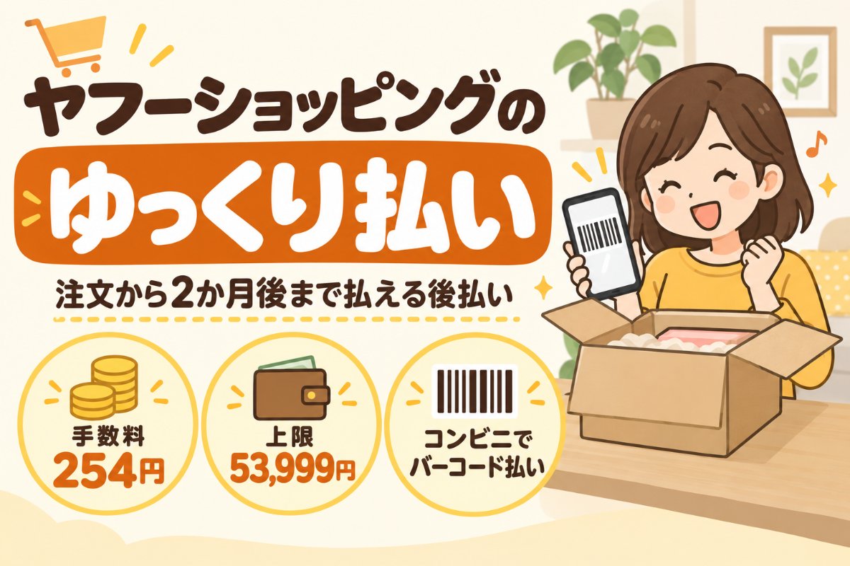 ヤフーショッピングのゆっくり払い:注文から2か月後まで払える後払い(手数料254円・上限53,999円・コンビニでバーコード払い)