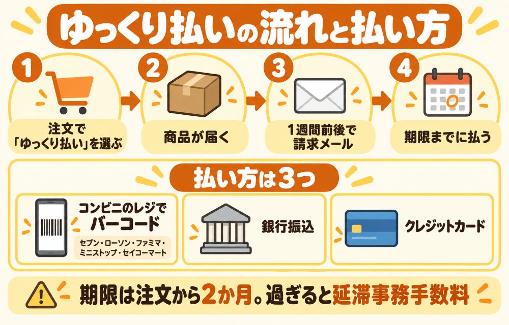 ゆっくり払いの支払い方(注文から1週間前後で請求メール→バーコード画面を開く→コンビニのレジで提示:セブン-イレブン・ローソン・ファミリーマート・ミニストップ・セイコーマート、または銀行振込・クレジットカード。期限は注文から2か月・過ぎると延滞事務手数料と一時利用停止の可能性)