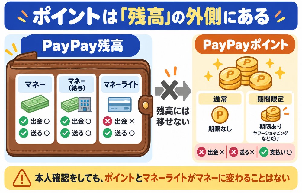 PayPay残高(マネー・マネー(給与)・マネーライト)とPayPayポイント(通常・期間限定)の違い(入り方・出金・送る・支払い・残高に移せるか)。ポイントは残高の外側で管理され、残高に含まれない