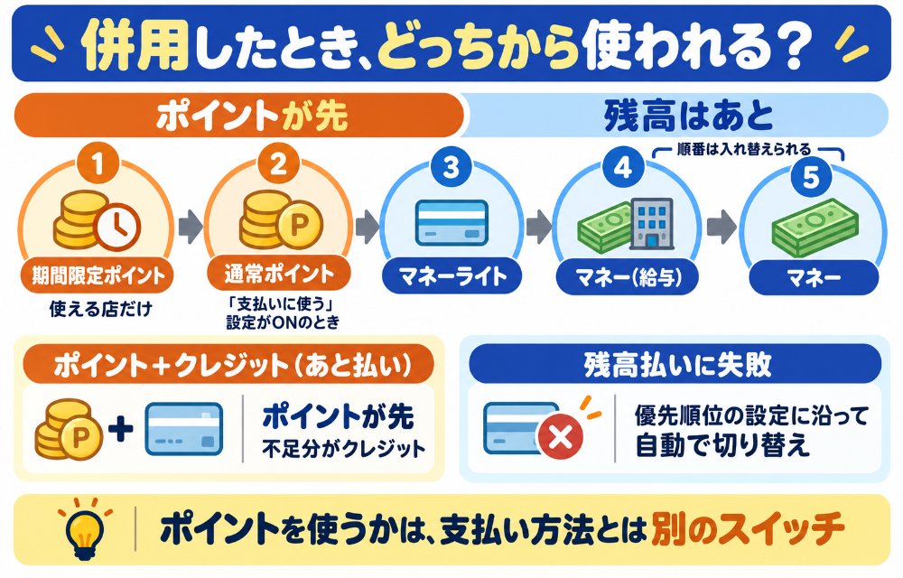 PayPayの支払いで使われる順番(ポイントを「支払いに使う」設定なら期間限定ポイント→通常ポイント→マネーライト→マネー(給与)→マネー。クレジット払いでもポイントが先で不足分がクレジット。マネーとマネー(給与)の順番は変更できる)