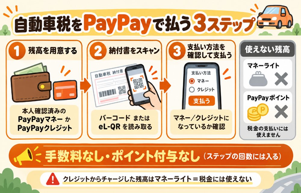 自動車税をPayPayで払う3ステップ(①本人確認を済ませてPayPayマネーを用意するか、PayPayクレジットを登録する→②PayPayアプリの「スキャン」で納付書のバーコードかeL-QRを読み取る→③支払い方法がPayPayマネーかPayPayクレジットになっているか確認して支払う。マネーライト・PayPayポイントでは払えない。手数料なし・ポイント付与なし)