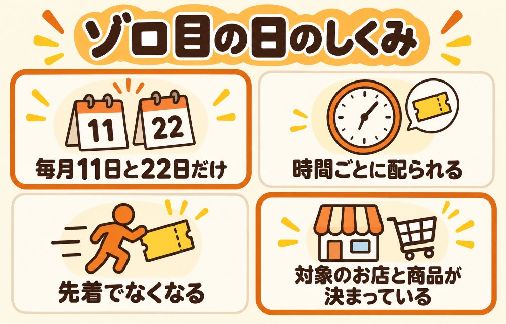 ゾロ目の日クーポンの仕組み(毎月11日と22日だけ開催、時間ごとにクーポンが配られる、先着の注文数に達すると使えなくなる、対象のストアと商品が決まっている)
