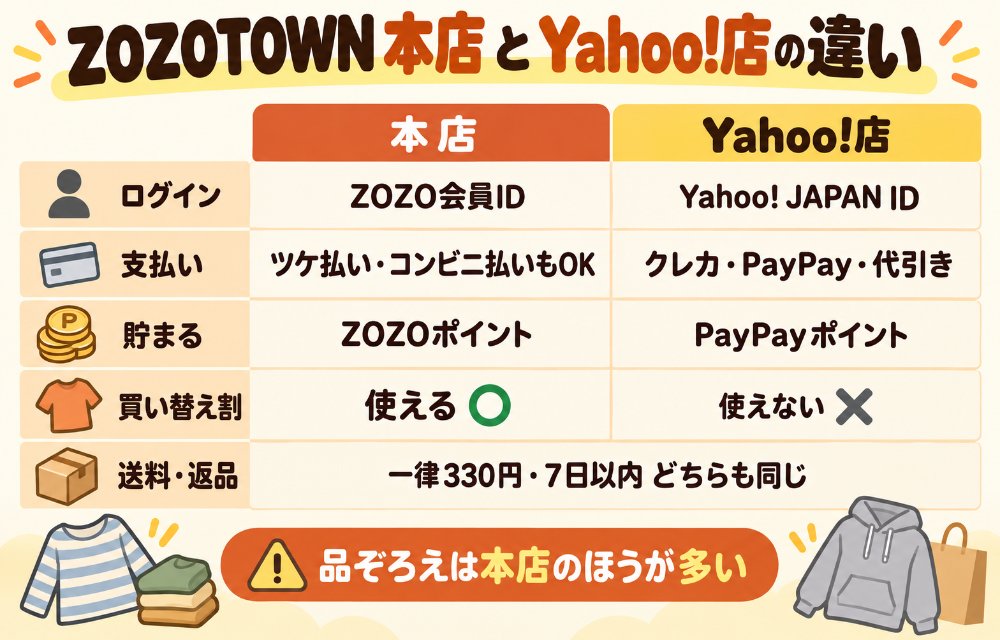 ZOZOTOWN本店とYahoo!店の違い(ログインはZOZO会員IDとYahoo! JAPAN ID、支払いは本店がツケ払い・コンビニ払いあり・Yahoo!店はクレカ・PayPay・代引き、貯まるのは本店がZOZOポイント・Yahoo!店がPayPayポイント、買い替え割は本店のみ、送料330円と返品7日以内は同じ)