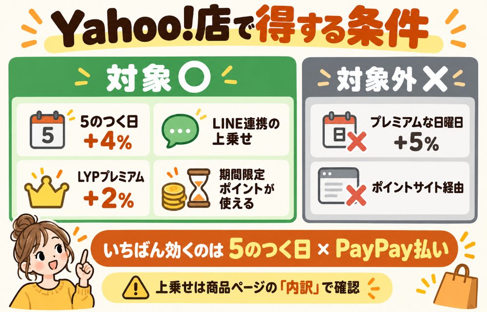 ZOZOTOWN Yahoo!店で得する条件(5のつく日はエントリーとPayPay払いで+4%、LINE連携で毎日の上乗せ、LYPプレミアムで+2%、ヤフーショッピングのクーポン・アプリ限定クーポン、期間限定PayPayポイントが使える。対象外はポイントサイト経由とプレミアムな日曜日)